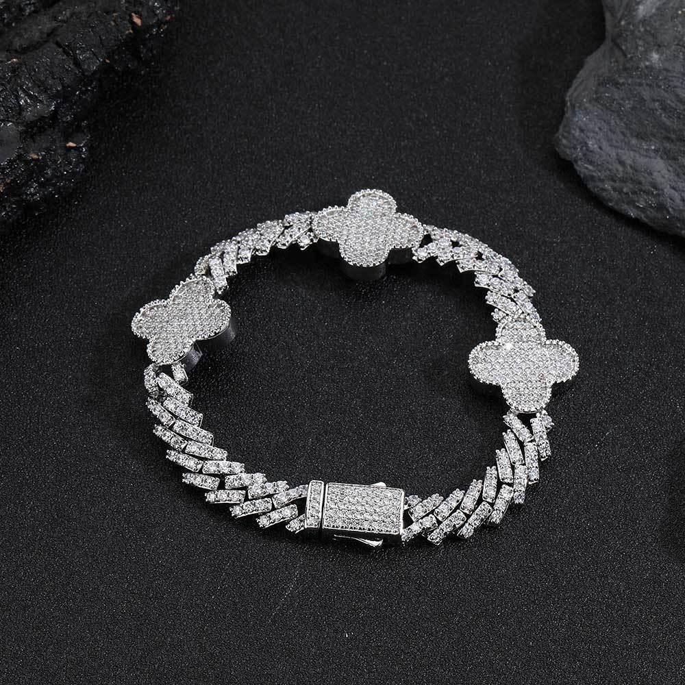 Clover-Shaped Zircon Cuban Link Bracelet with Spring Clasp - CaratixJewelry